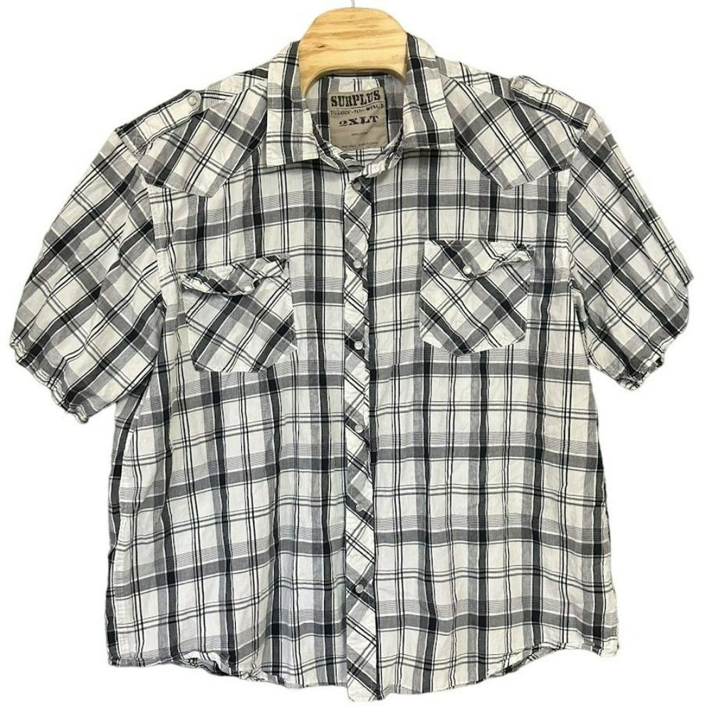 Surplus White Black‎ Plaid Pearl Snap Button Short Sleeve Shirt Mens 2XLT